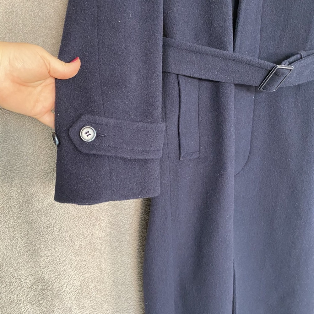 Vintage Nelson Stuart Mens Wool Belted Overcoat 38R Navy Blue Long Coat Trench - Picture 5 of 14